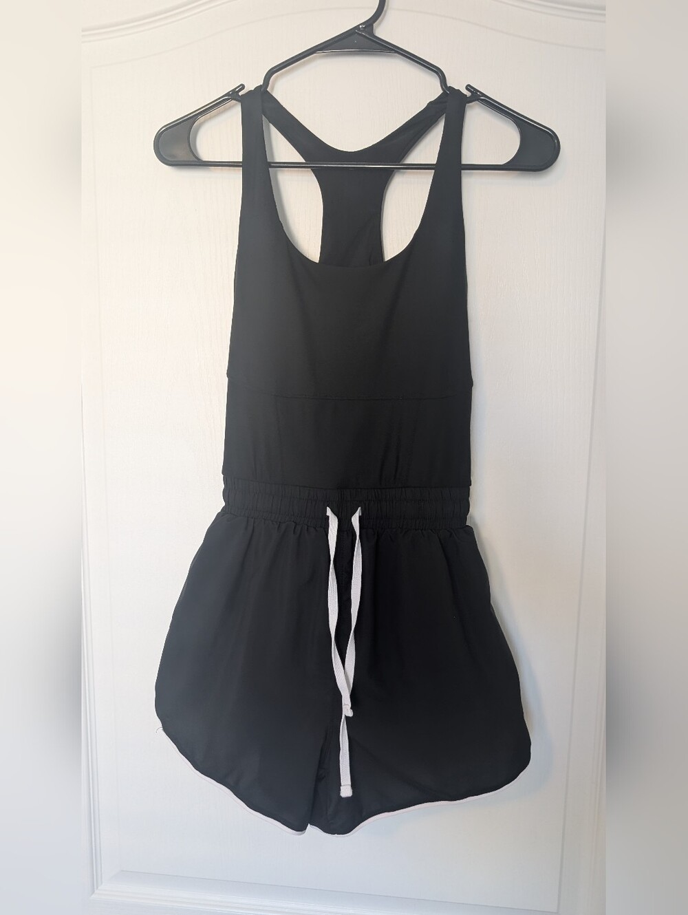 Fabletics Black Racerback Romper with White Drawstring